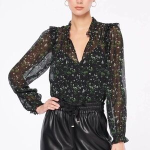 Cami NYC Sandy Winter Silk Blouse Black Floral Women's XS Green